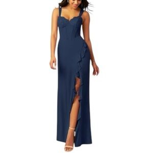 Azazie Camellia Sheath Lace Chiffon Dress Bridesmaid Formal - Dark Navy - Size 8